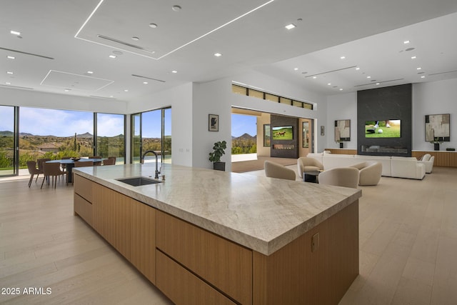 kitchen with sink, a mountain view, light hardwood / wood-style floors, and a large island with sink