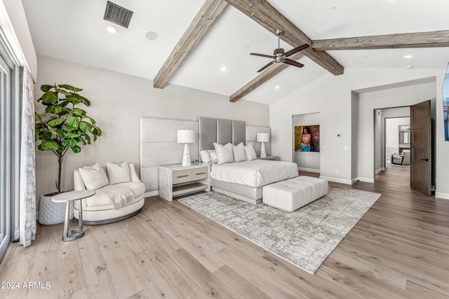 bedroom featuring lofted ceiling with beams, light hardwood / wood-style flooring, and ceiling fan