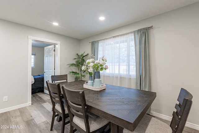 dining space featuring baseboards, light wood-type flooring, and plenty of natural light