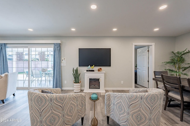 living area featuring baseboards, wood finished floors, a glass covered fireplace, and recessed lighting