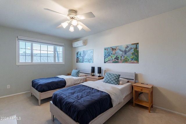 bedroom featuring an AC wall unit, ceiling fan, and light carpet