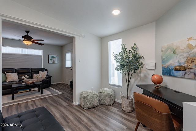 office featuring lofted ceiling, ceiling fan, and hardwood / wood-style flooring