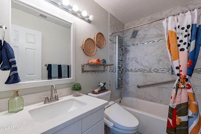 full bathroom with visible vents, toilet, vanity, and shower / bath combination with curtain