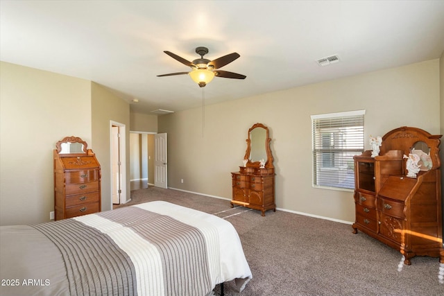 carpeted bedroom with baseboards, visible vents, and ceiling fan