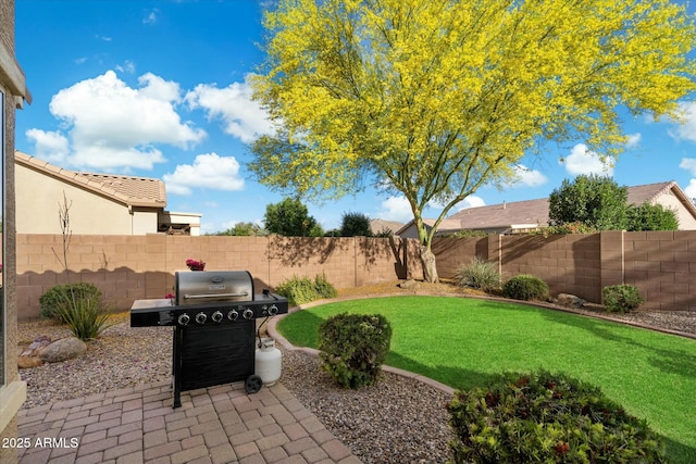 view of yard featuring a fenced backyard and a patio