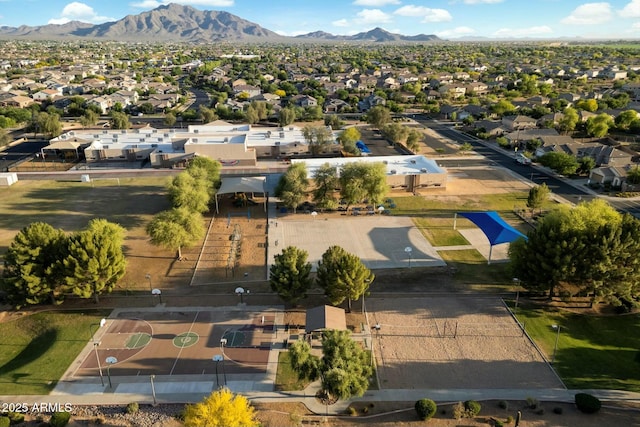 drone / aerial view featuring a mountain view and a residential view