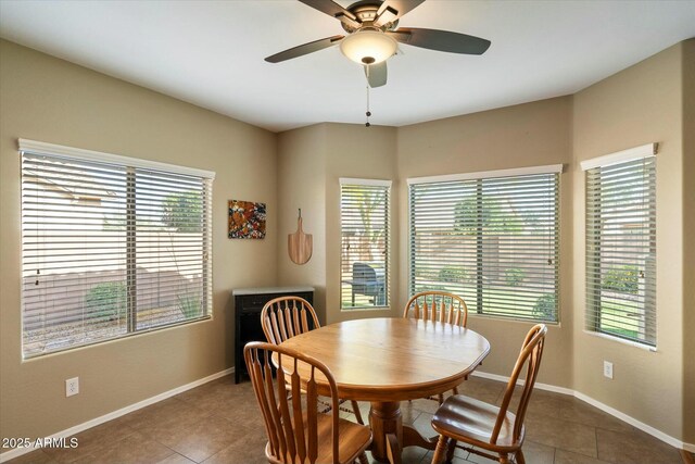 dining room with baseboards, ceiling fan, tile patterned floors, and a wealth of natural light