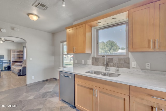 101 W 8th Pl, Mesa, AZ 85201 - kitchen with light brown cabinets, dishwasher, a healthy amount of sunlight, visible vents, and a sink