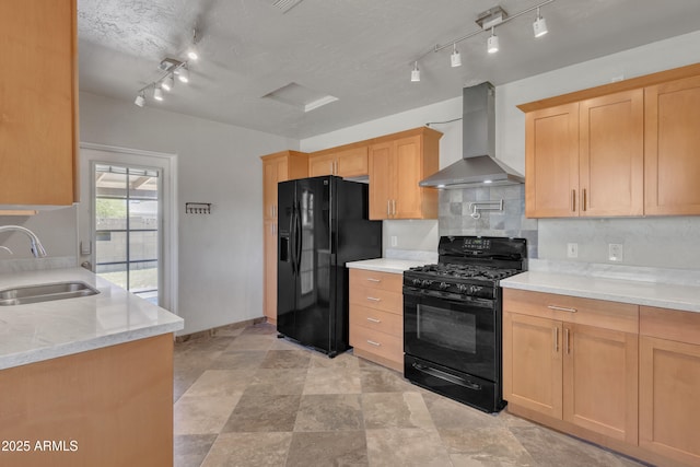 101 W 8th Pl, Mesa, AZ 85201 - kitchen featuring a sink, wall chimney exhaust hood, black appliances, backsplash, and light stone counters