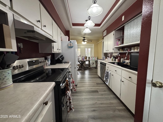 kitchen with appliances with stainless steel finishes, a tray ceiling, and white cabinets