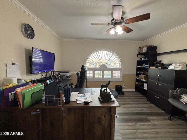 office space featuring ornamental molding, wood finished floors, and a ceiling fan