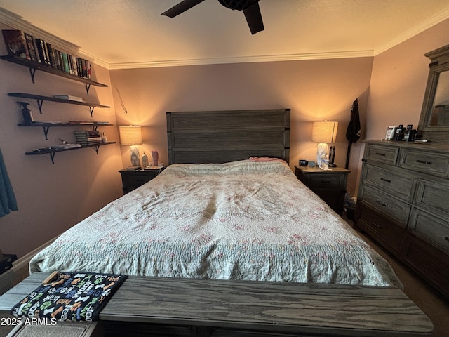 bedroom with ornamental molding and a ceiling fan