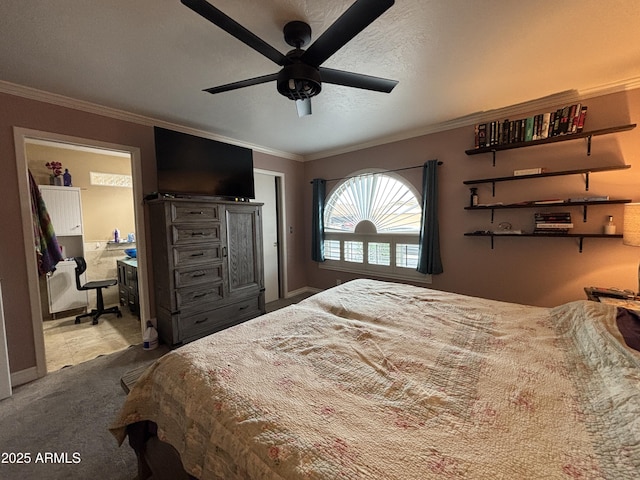 bedroom with carpet floors, crown molding, a textured ceiling, and ceiling fan