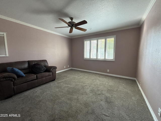 unfurnished living room with carpet flooring, crown molding, a textured ceiling, and baseboards