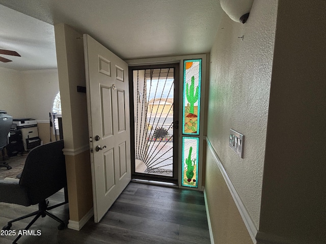 foyer entrance with a textured ceiling, a textured wall, and wood finished floors