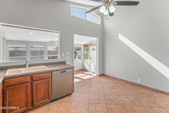 kitchen featuring plenty of natural light, dishwasher, a sink, dark countertops, and a ceiling fan