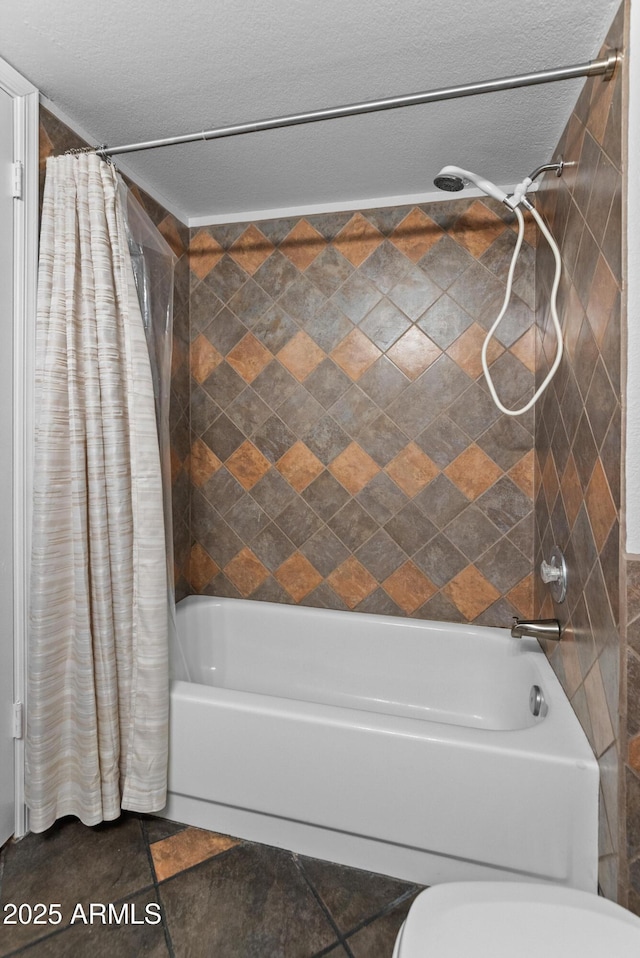 full bathroom with toilet and shower / bathtub combination with curtain