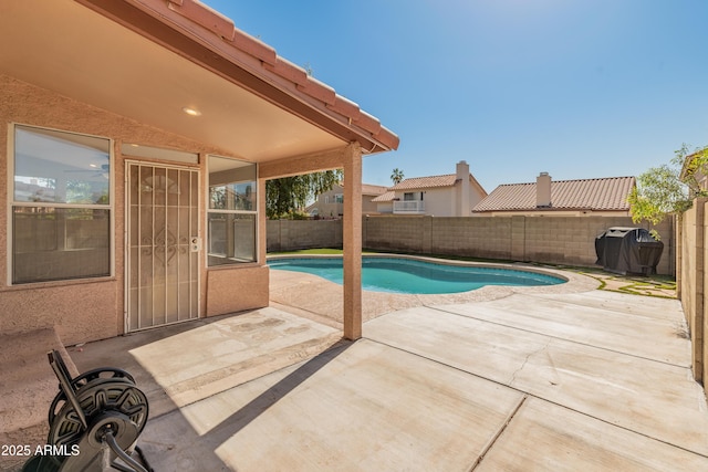 view of pool featuring a fenced in pool, a patio area, a fenced backyard, and grilling area