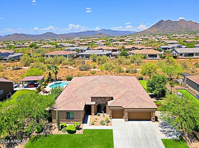 bird's eye view featuring a mountain view and a residential view
