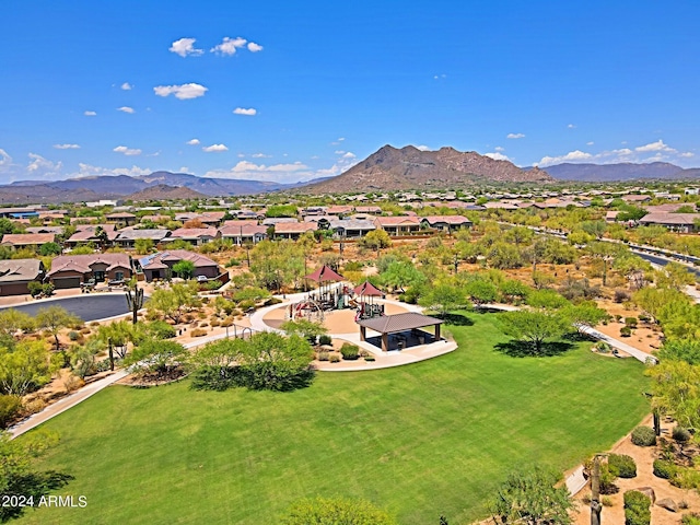 drone / aerial view featuring a mountain view and a residential view