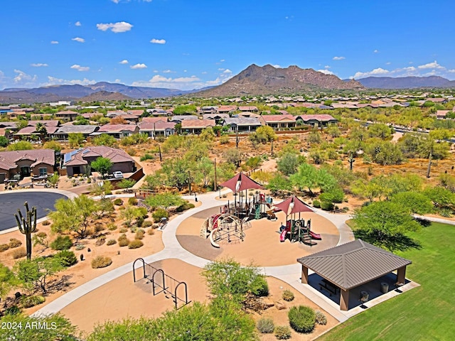 birds eye view of property featuring a mountain view and a residential view