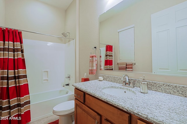 full bathroom with shower / bath combination with curtain, toilet, and vanity