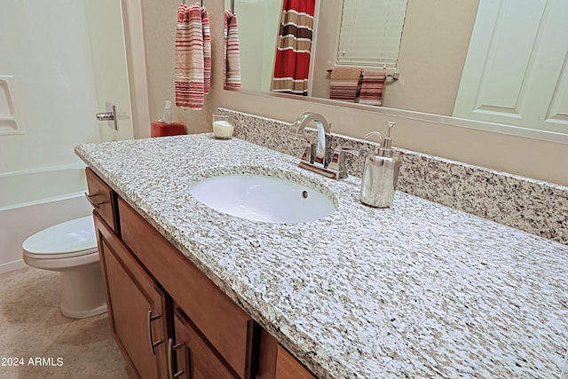 full bathroom with toilet, shower / bath combination with curtain, vanity, and tile patterned flooring