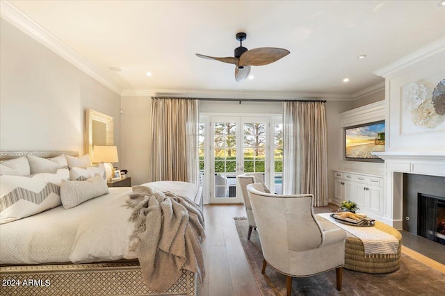 bedroom with access to exterior, ceiling fan, dark hardwood / wood-style floors, and ornamental molding