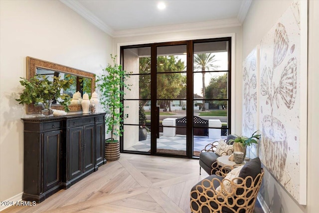 doorway featuring light parquet flooring and crown molding