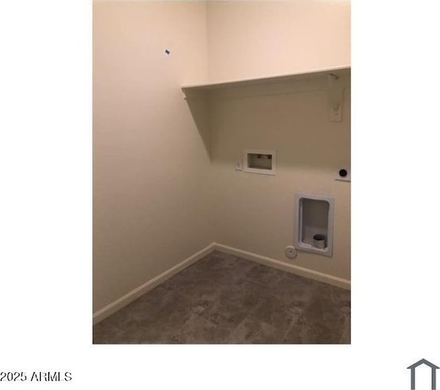 laundry area featuring hookup for a washing machine, baseboards, gas dryer hookup, laundry area, and dark colored carpet