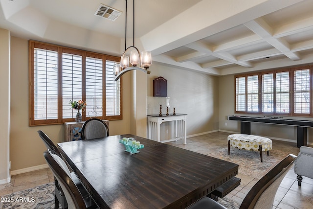 dining area with visible vents, baseboards, beamed ceiling, an inviting chandelier, and coffered ceiling