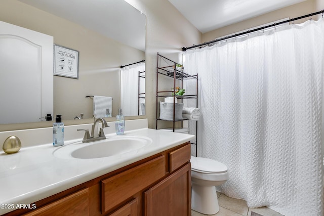 full bath featuring tile patterned floors, toilet, a shower with shower curtain, and vanity