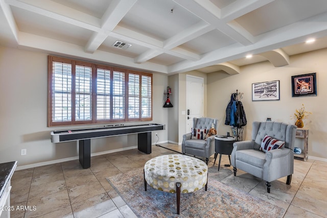 sitting room featuring visible vents, beamed ceiling, coffered ceiling, and baseboards