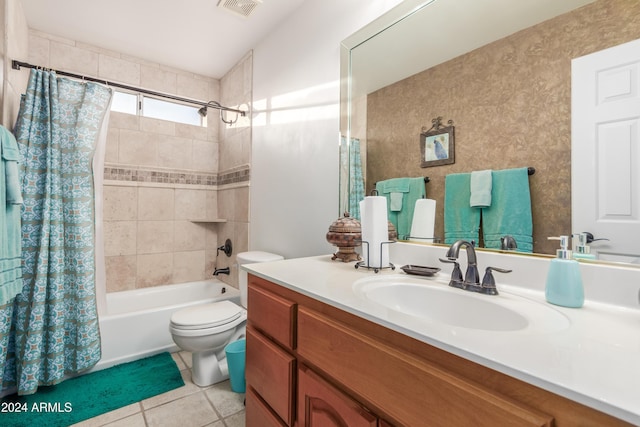 47012 N New River Rd, New River, AZ 85087 - bathroom featuring vanity, shower / bath combination with curtain, tile patterned floors, and toilet