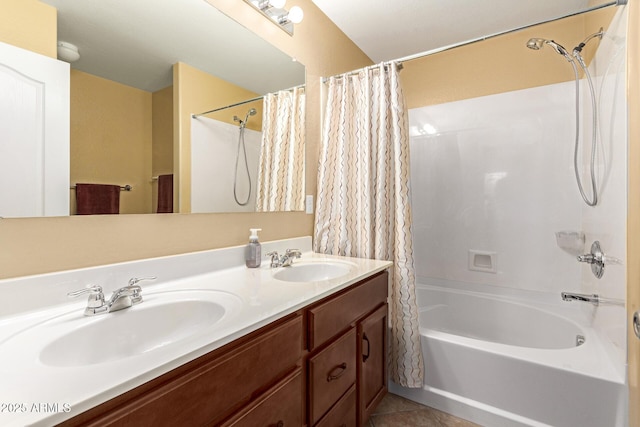 bathroom featuring shower / bathtub combination with curtain, vanity, and tile patterned flooring