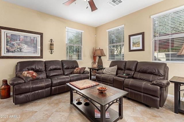 living room with ceiling fan