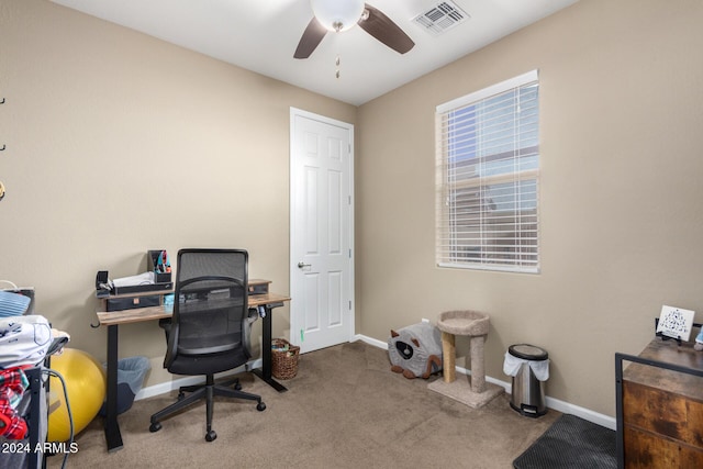 home office with carpet and ceiling fan