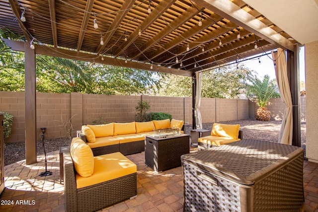 view of patio / terrace featuring a pergola and an outdoor hangout area