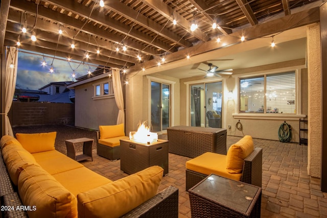 view of patio / terrace featuring a pergola, an outdoor living space with a fire pit, and ceiling fan