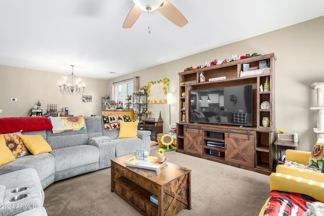 carpeted living room featuring ceiling fan with notable chandelier