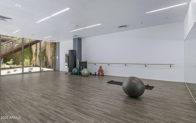 interior space featuring expansive windows and dark wood-type flooring