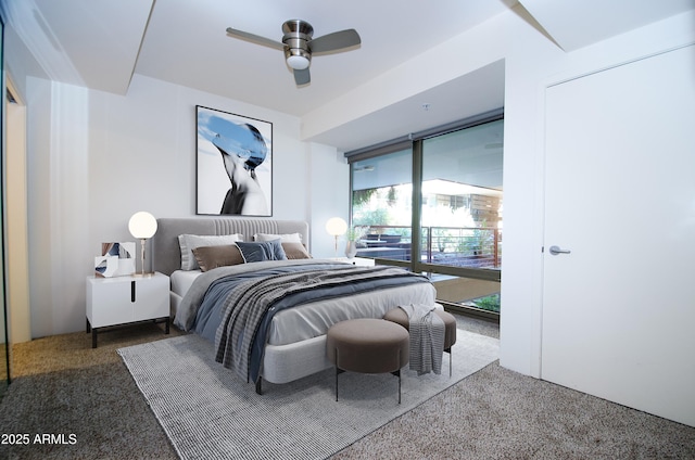 bedroom with ceiling fan and carpet