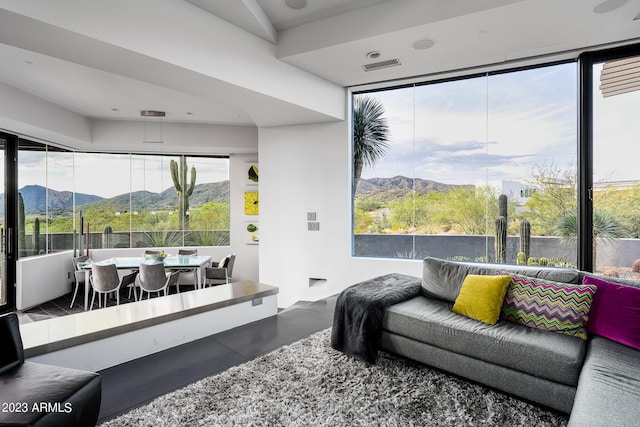 living room featuring a mountain view and a healthy amount of sunlight