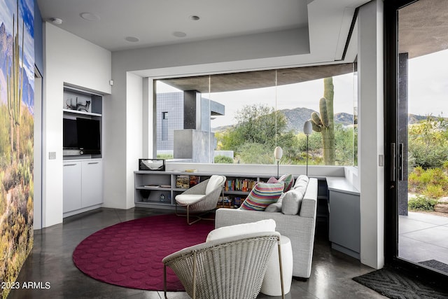 living room with a mountain view and built in features