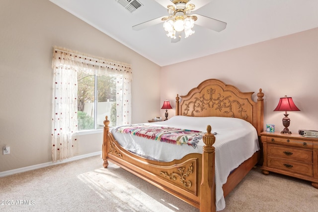 bedroom with light carpet, lofted ceiling, and ceiling fan