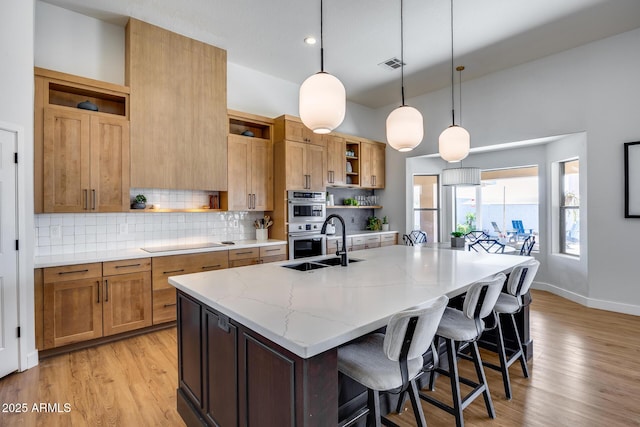 kitchen with visible vents, open shelves, a sink, stainless steel double oven, and decorative backsplash