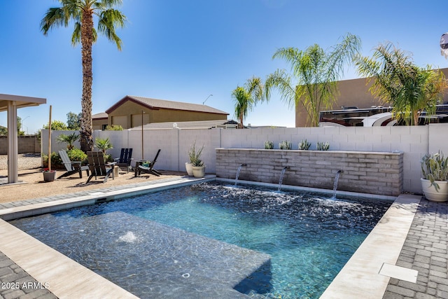 view of swimming pool featuring a patio, a fenced backyard, and a fenced in pool