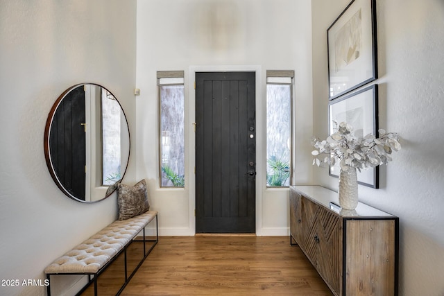 foyer with baseboards and wood finished floors