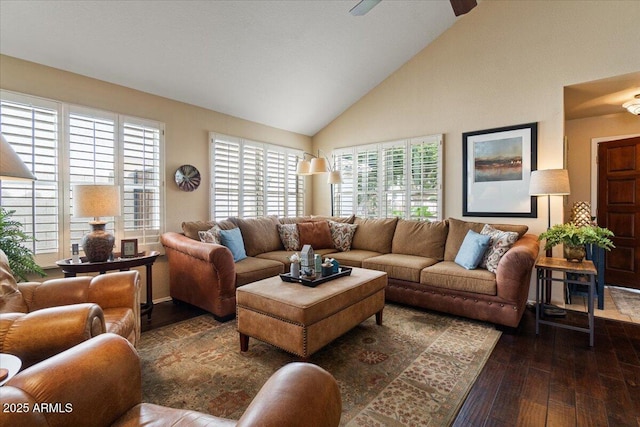 living room featuring ceiling fan, high vaulted ceiling, and dark wood-style flooring