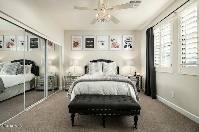 bedroom featuring carpet flooring, ceiling fan, and a closet